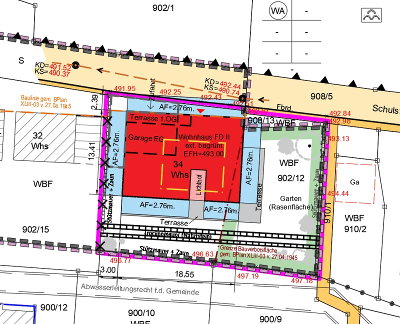 Lageplan zum Baugesuch für ein Wohnhaus mit Abstandsflächen und Höhen